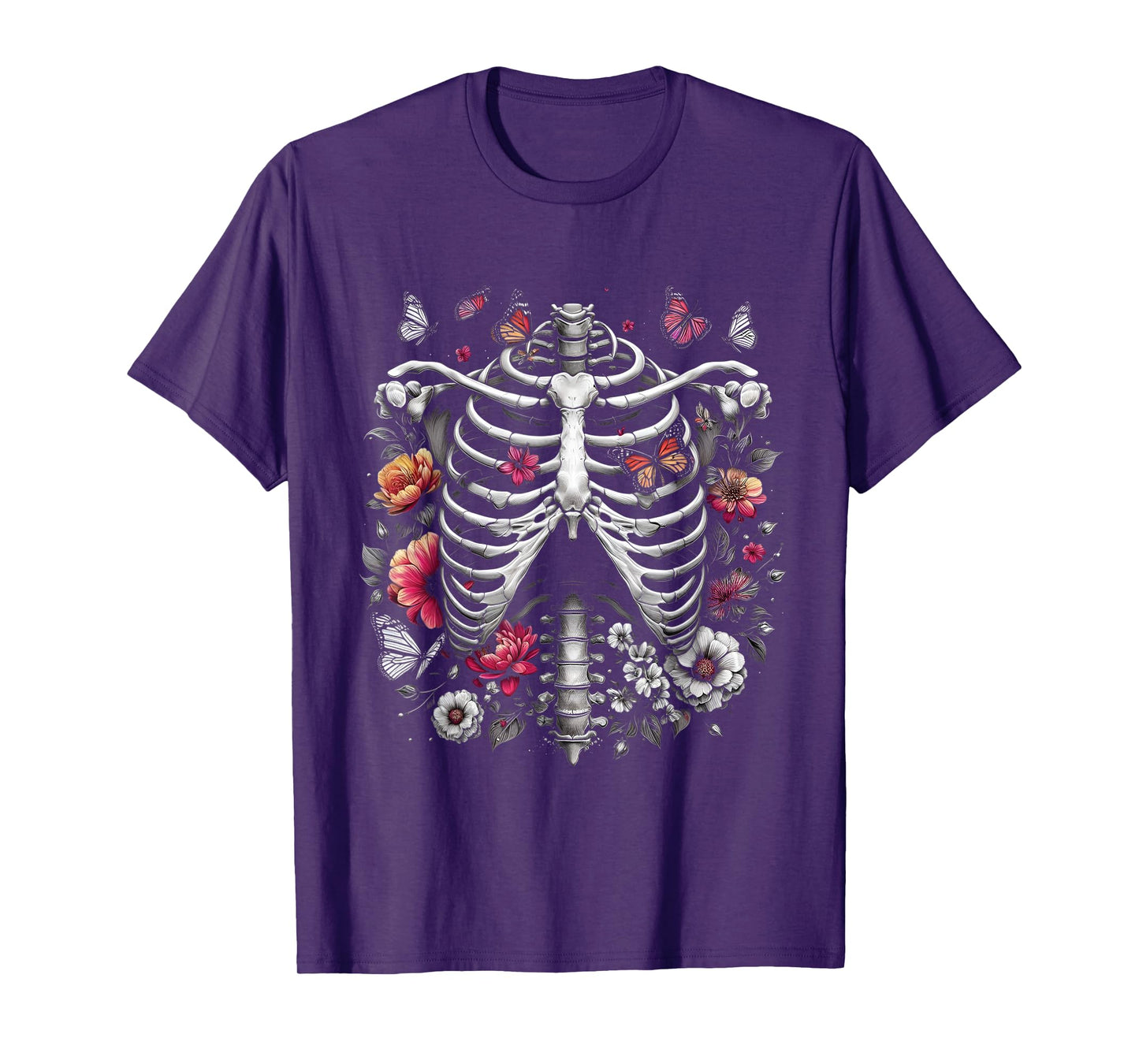 Floral Skeleton Ribcage and Butterflies Spooky Halloween T-Shirt