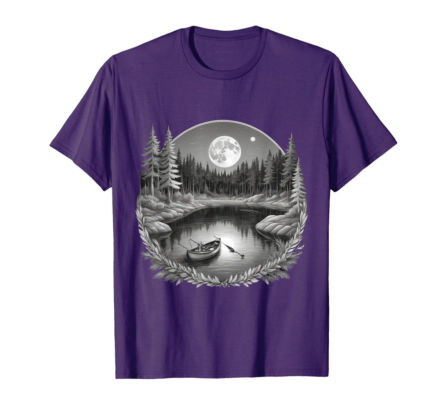 Scenic Moonlight Fishing Retired Anglers with Rowboat Lake T-Shirt