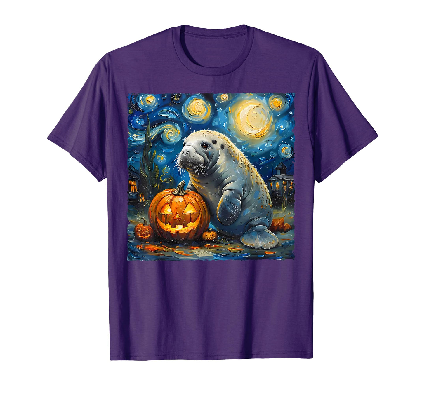 Manatee Pumpkin Van Gogh The Starry Night Halloween Artwork T-Shirt