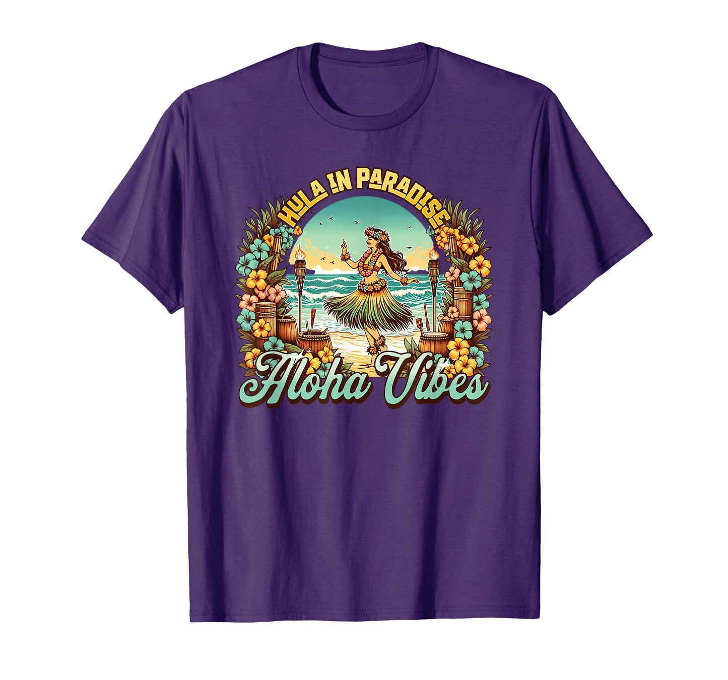 Hawaiian Hula Dancer Aloha Vibes Tropical Flowers Tiki Beach T-Shirt