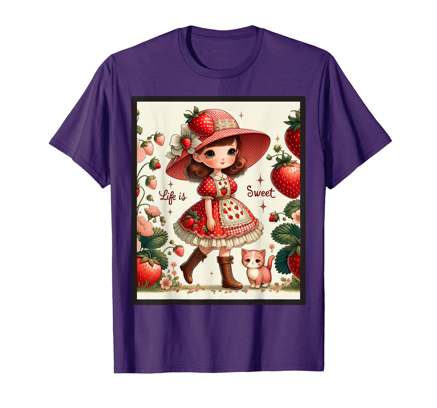 Cute Life Is Sweet Strawberry Cake Vintage Berry Garden T-Shirt