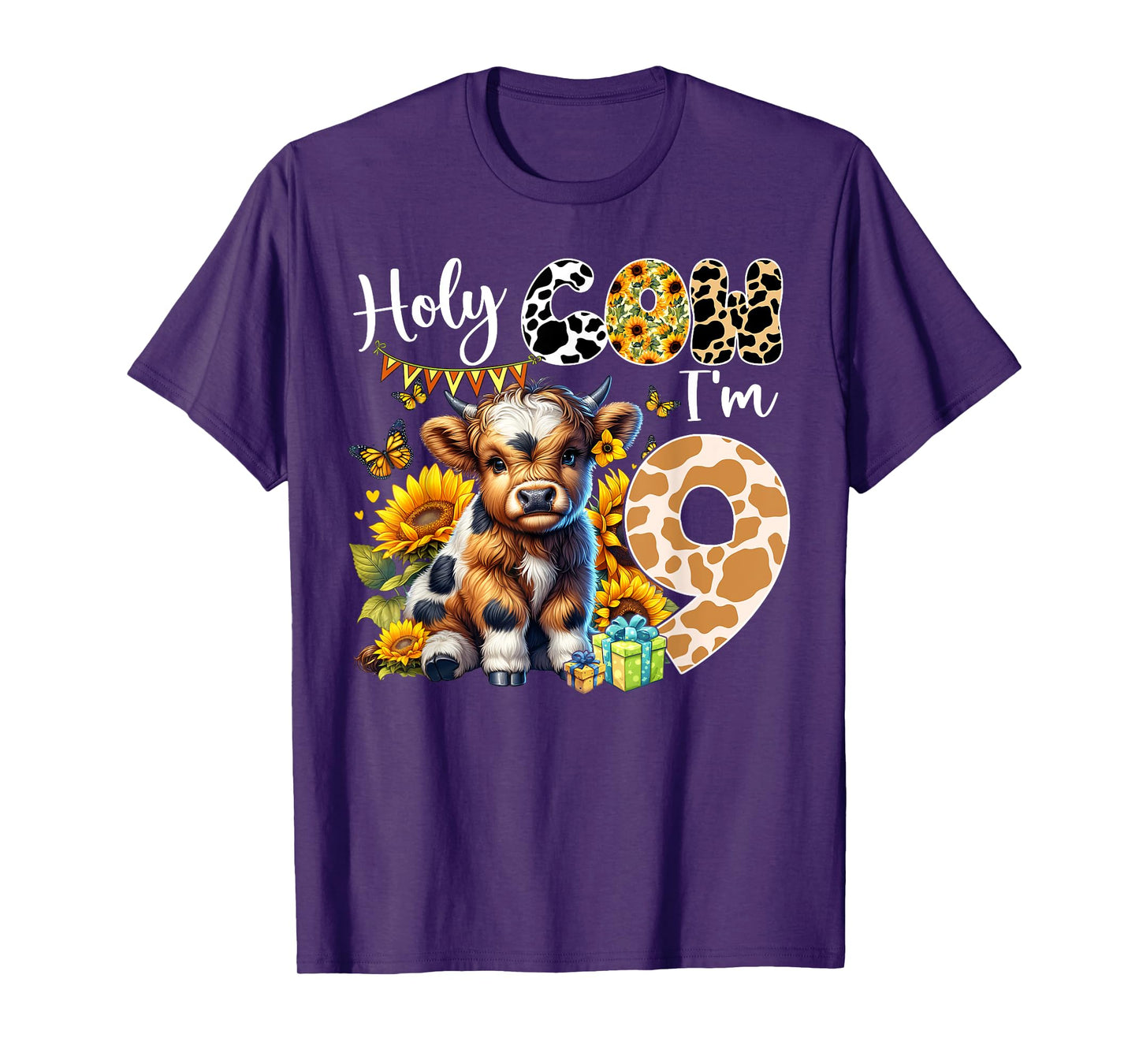 Holy Cow I’m 9 Years Old Dairy Cow Sunflowers 9th Birthday T-Shirt
