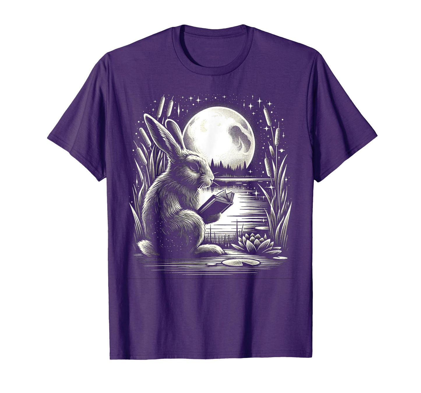 Rabbit Reading Book - Full Moon Lake Scenery T-Shirt