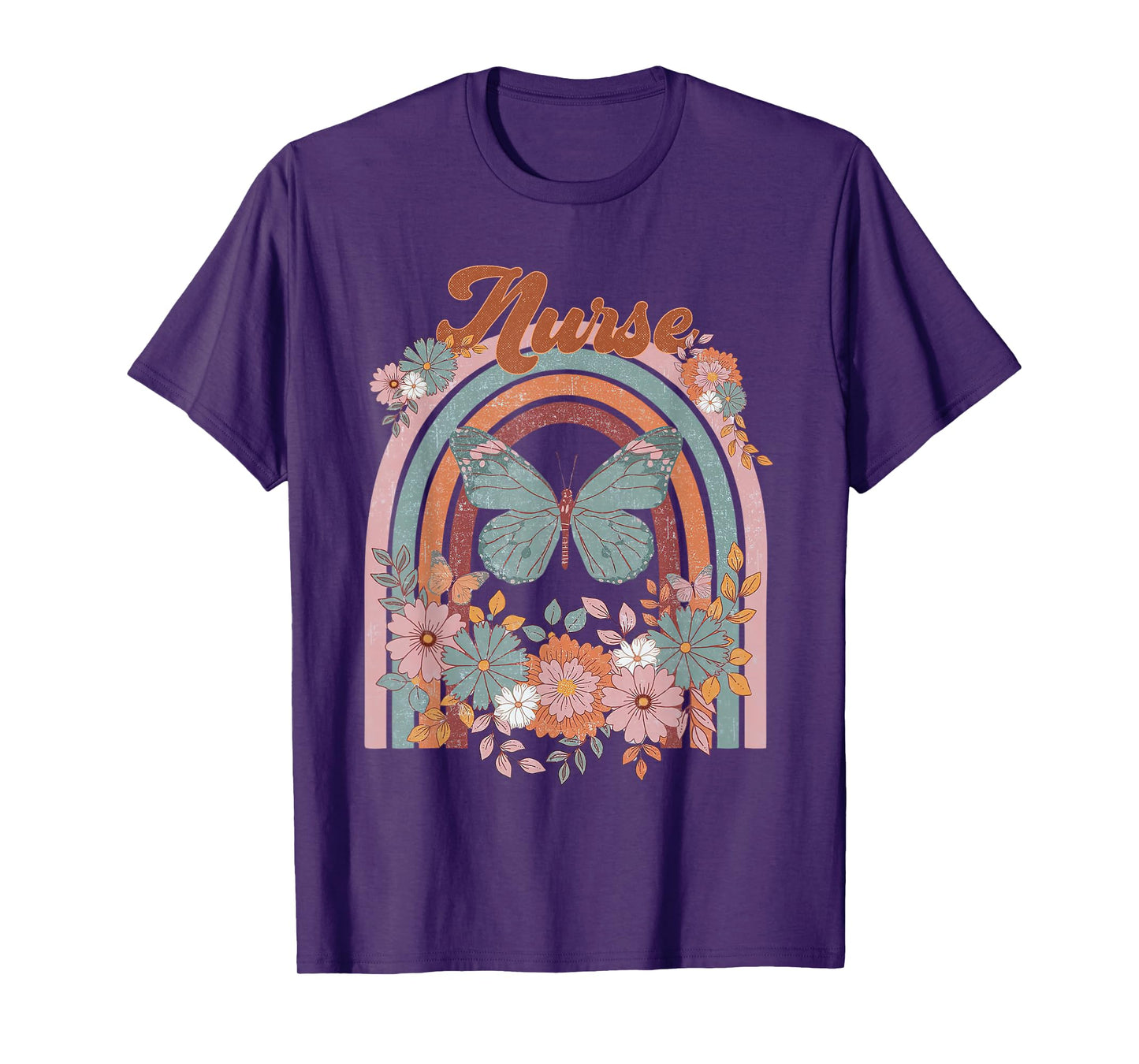 Nurse Vintage Floral Boho Hippie Rainbow Butterfly Men Women T-Shirt