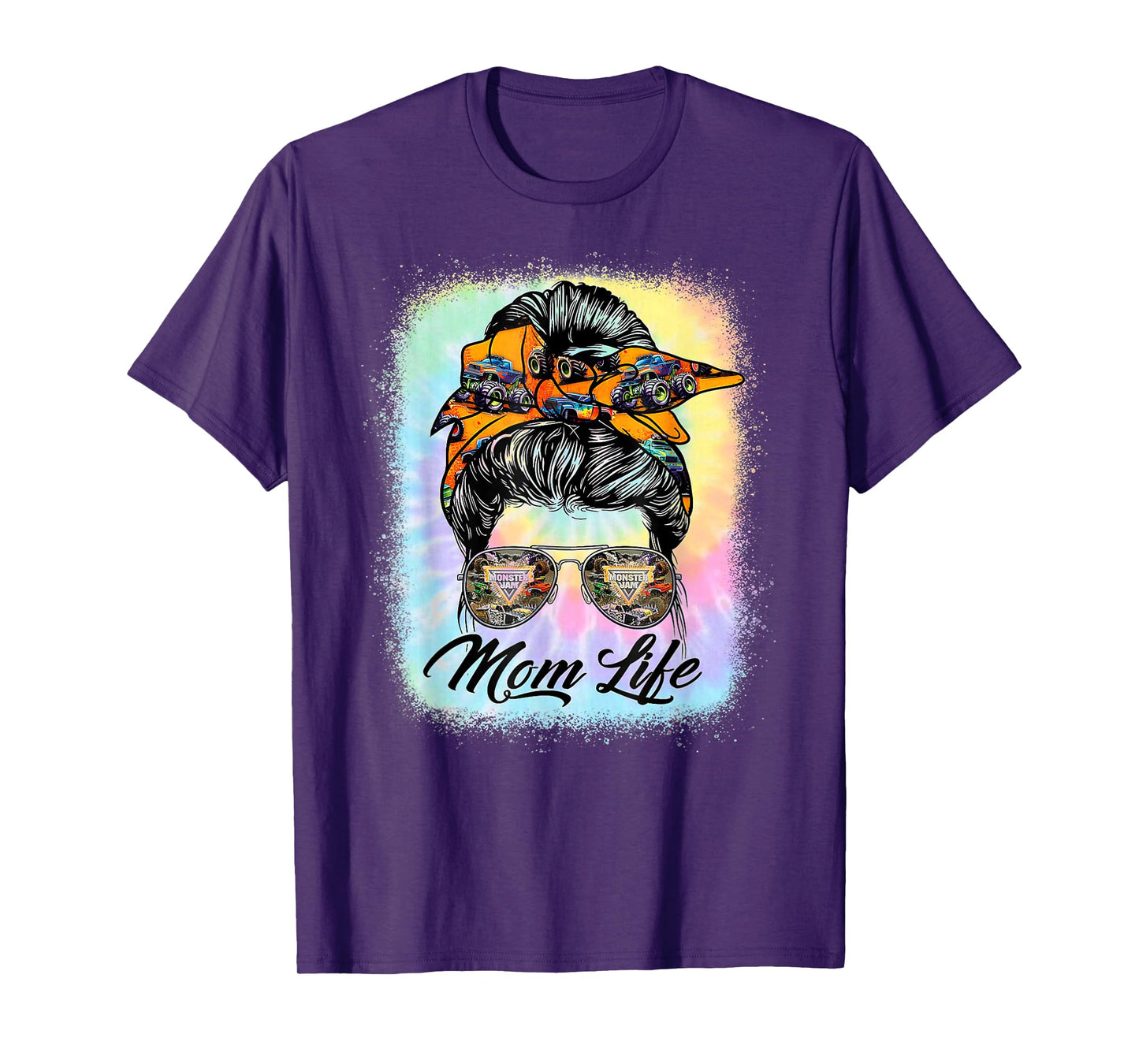 Messy Bun Woman & Monster Truck Mom Life Happy Tie Dye T-Shirt