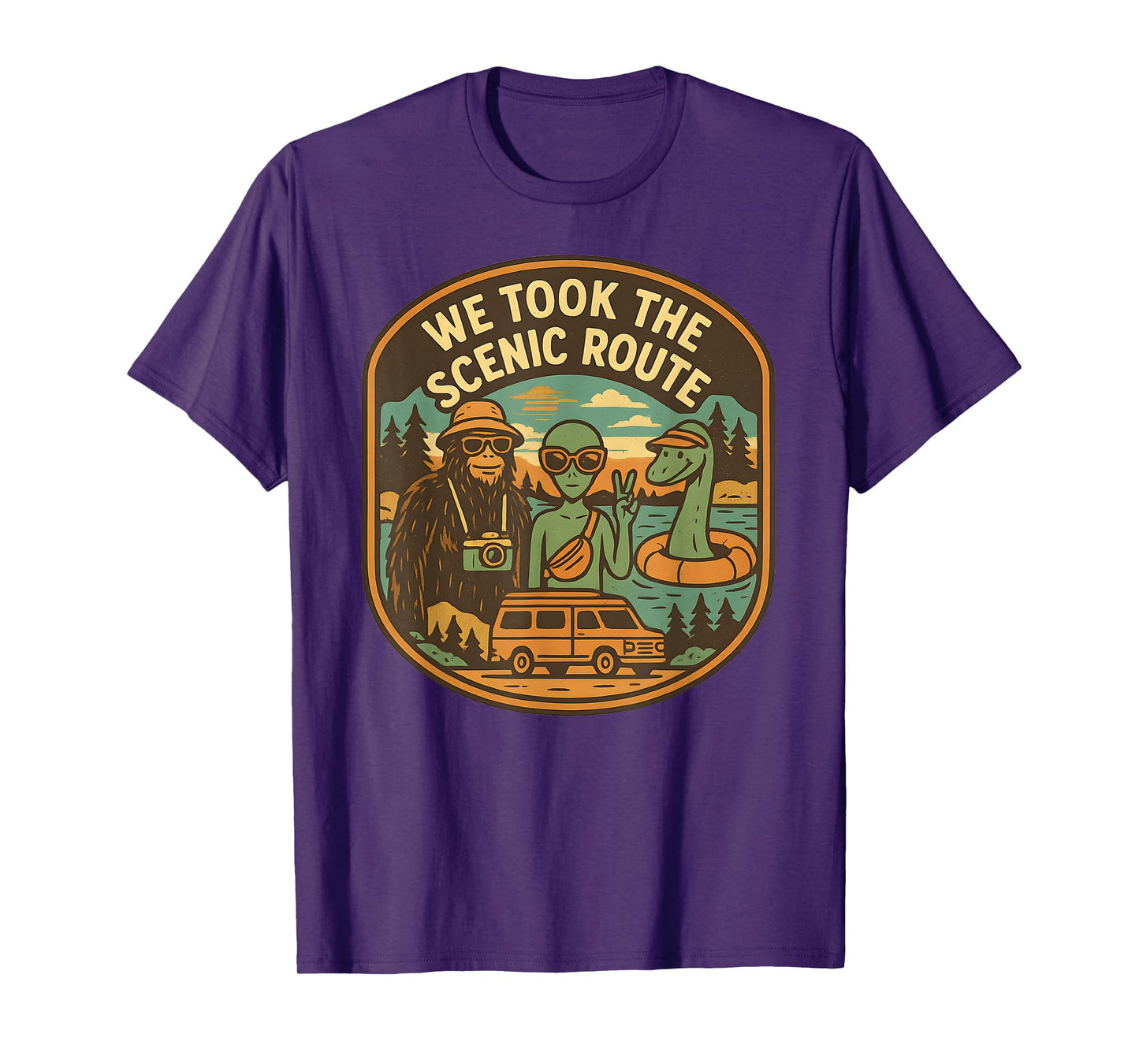 Scenic Route Funny Cryptid Road Trip Bigfoot Alien Nessie T-Shirt