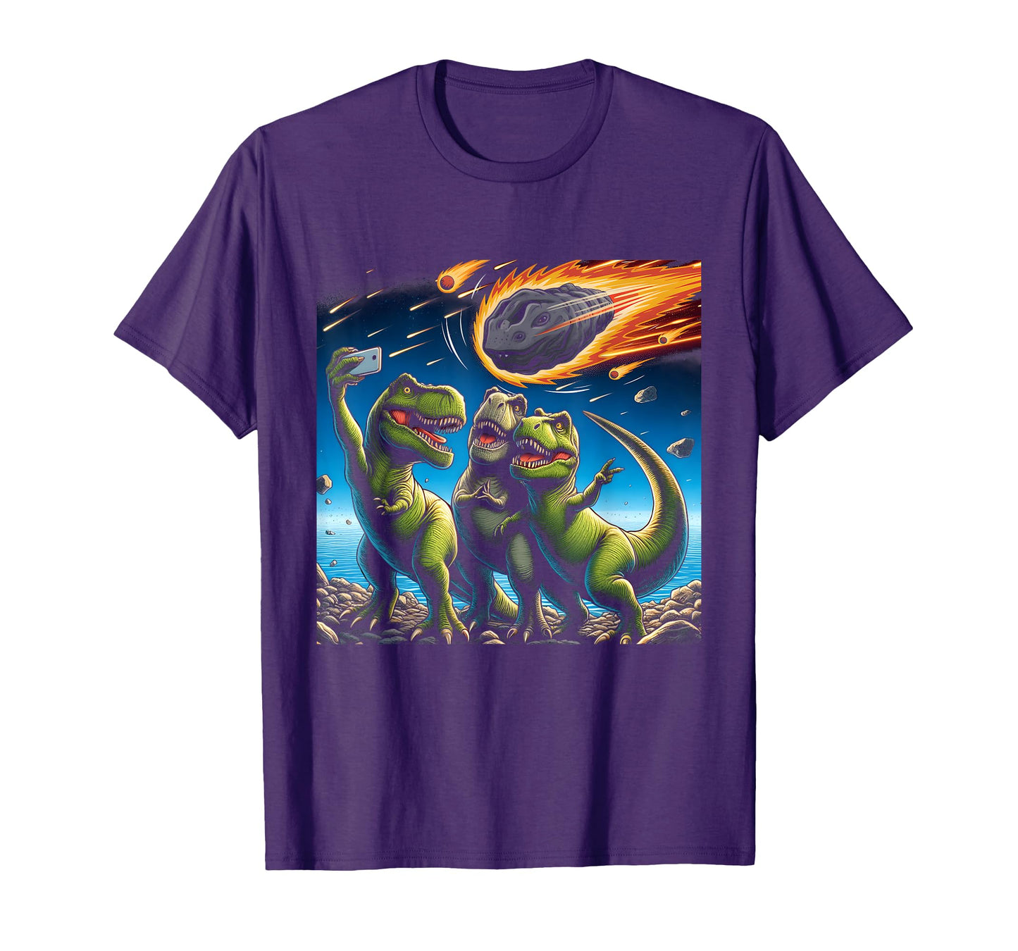 Dinosaur T Rex Selfie Amid Falling Meteor Extinction Moment T-Shirt
