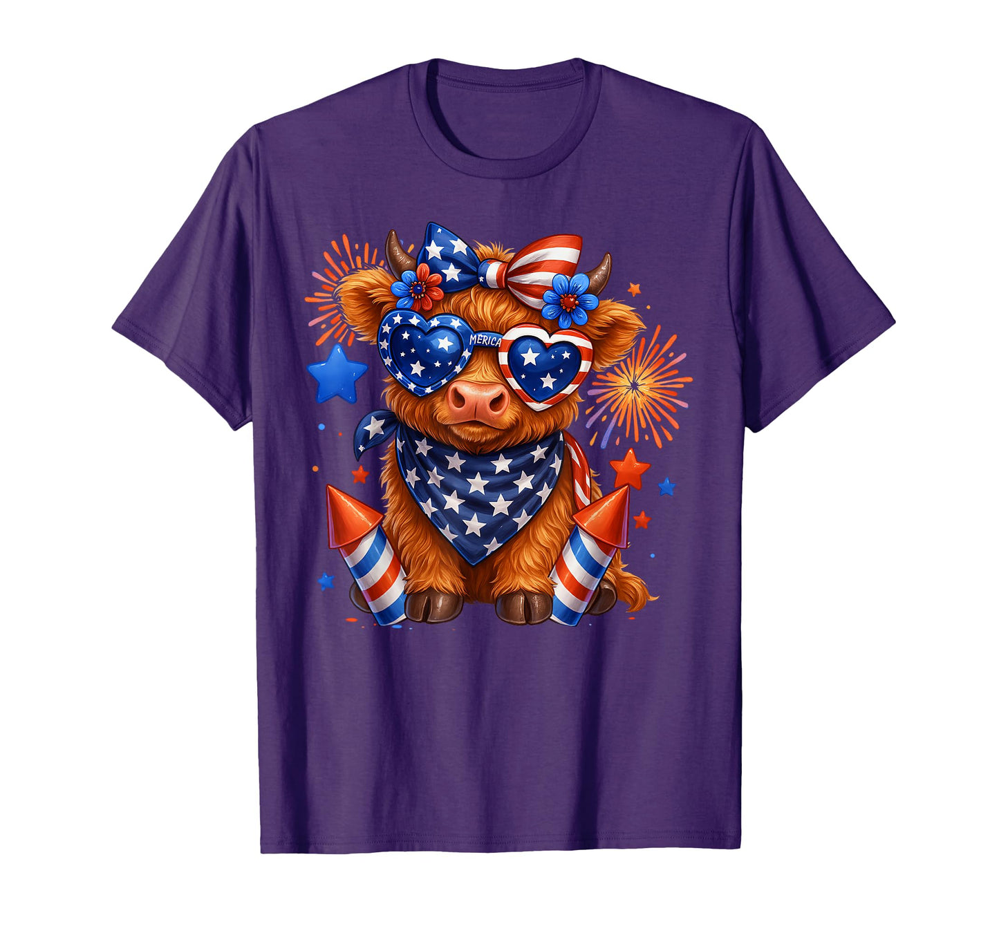 Cute Highland Cow 4th Of July USA Flag Patriotic Cow Farmer T-Shirt