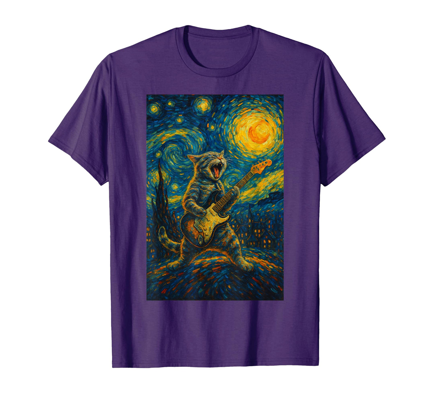 Cat Playing Guitar Rock Star Rock and Roll Cat Lover Art T-Shirt