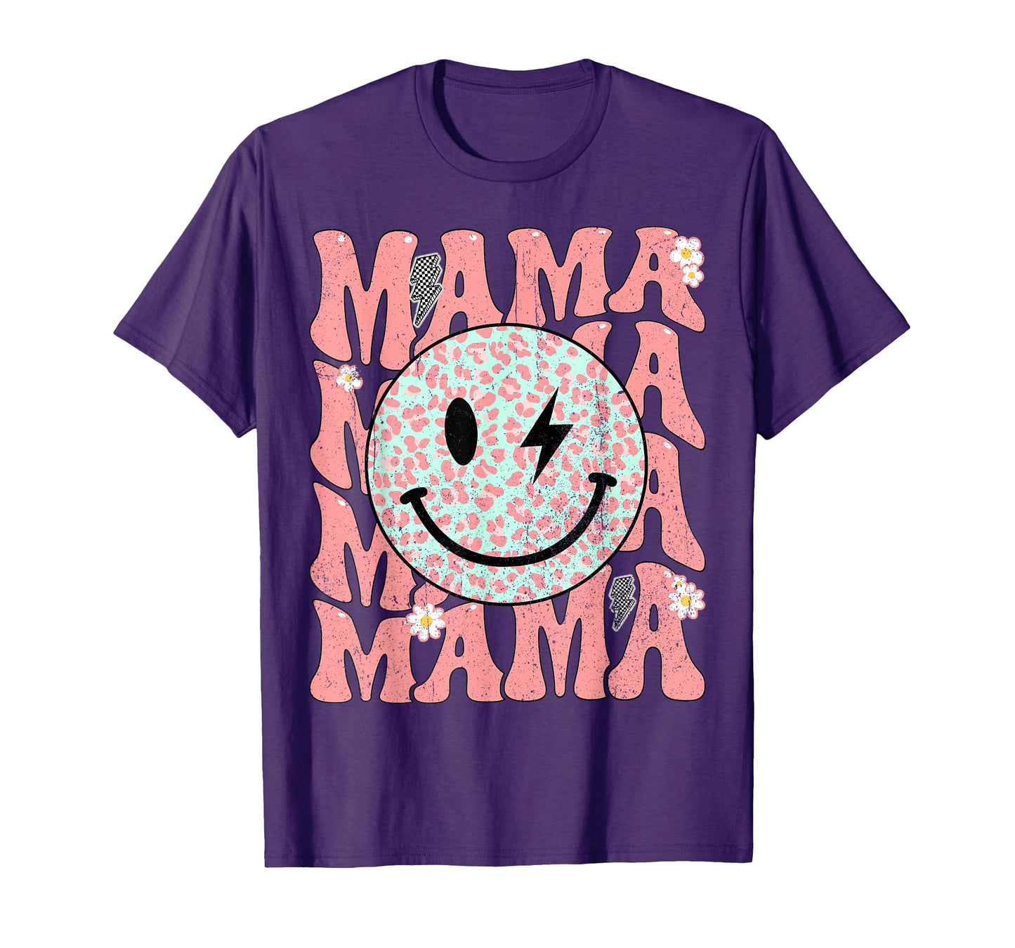 Groovy Mama Smile Face Leopard Bolt Lightning Retro Mom Life T-Shirt