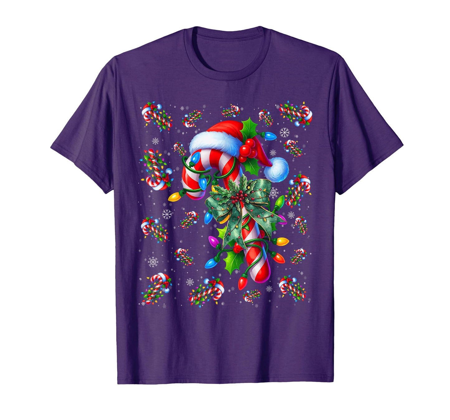 Candy Cane Santa Hat Christmas Lights Merry and Bright Xmas T-Shirt
