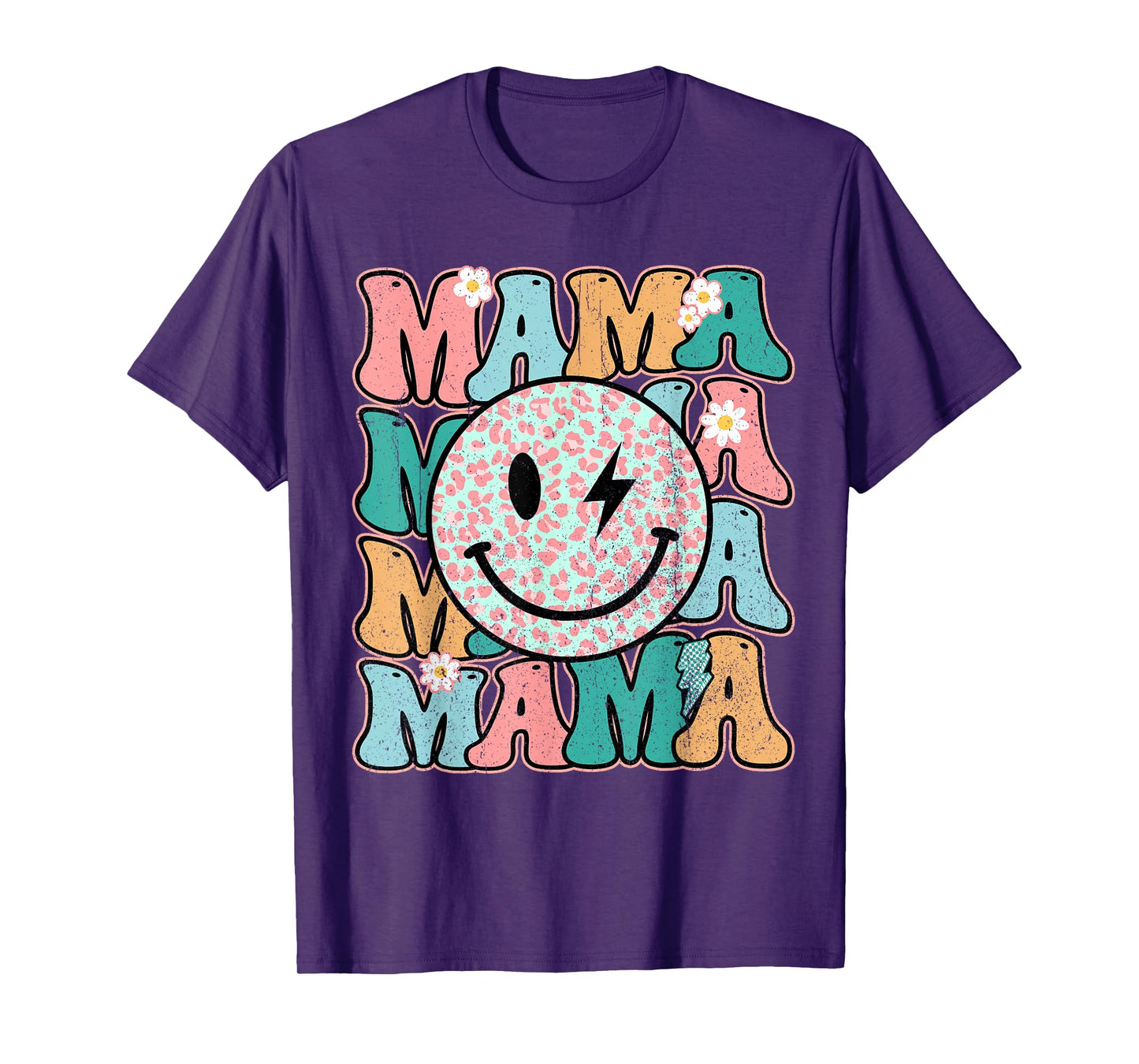 Checkered Mama Smile Face Bolt Lightning Groovy Mother's Day T-Shirt