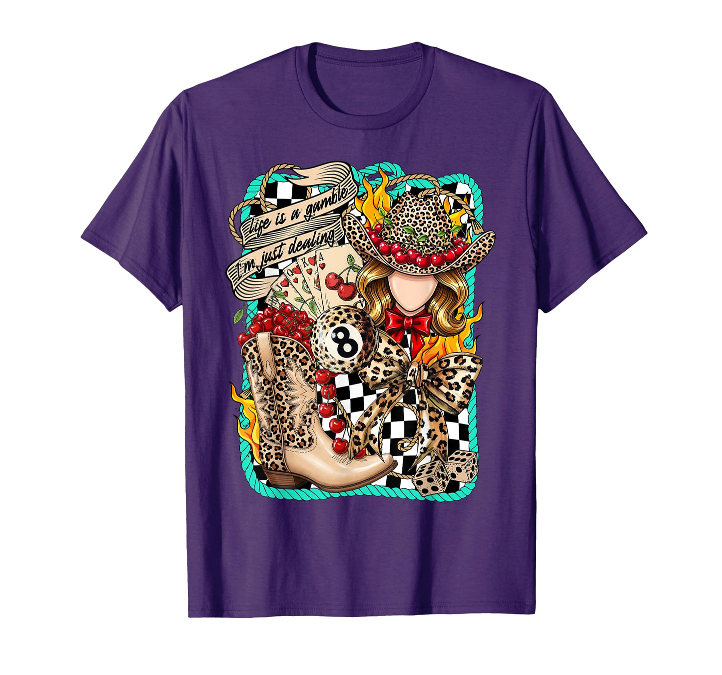 Life Is a Gamble Cowgirl Wild West Leopard Dice & Cherry T-Shirt