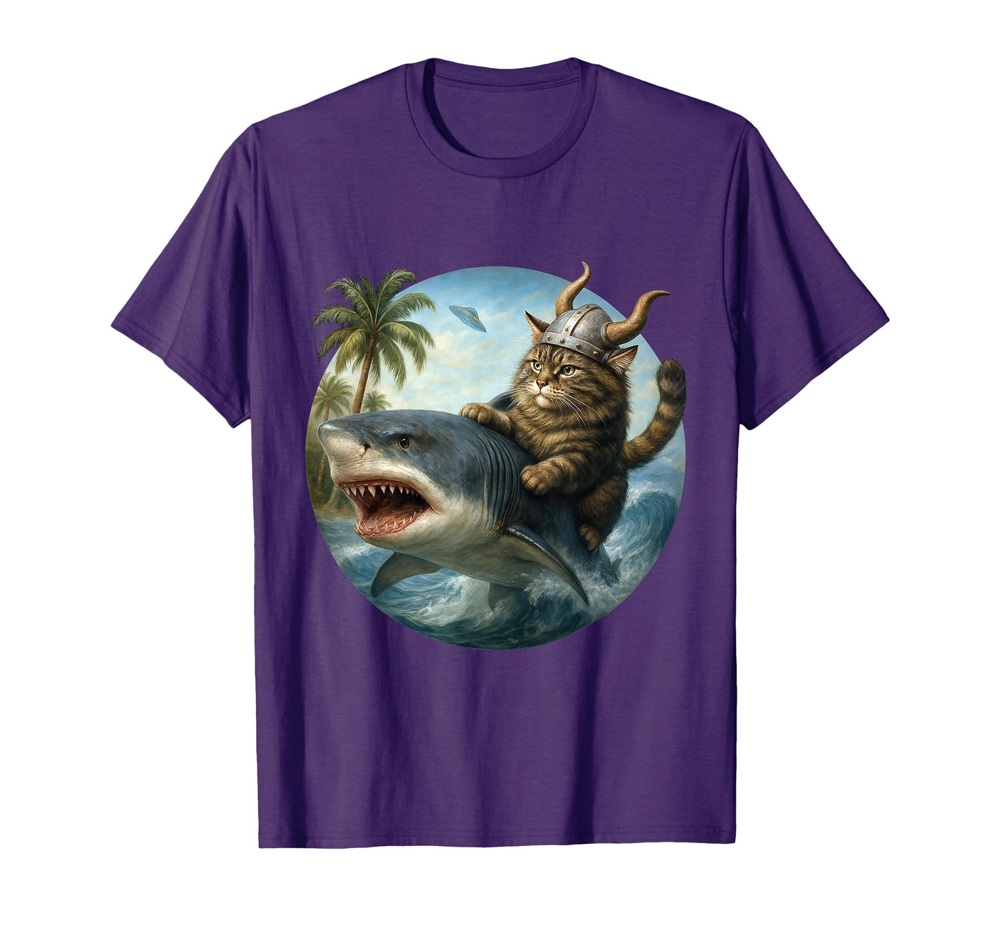 Epic Viking Cat Surfing Shark Quirky Cat Ocean Adventure Art T-Shirt