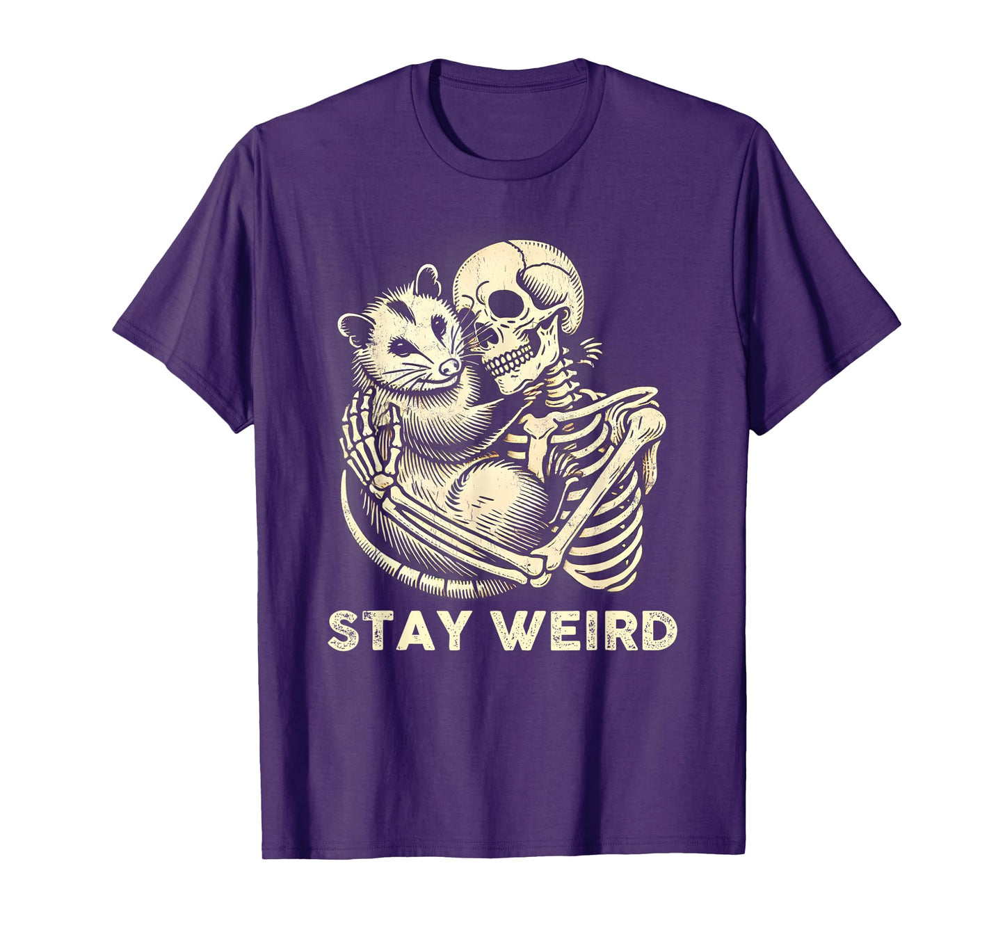 Skeleton Hugging Opossum Stay Weird Vintage Humor Possum T-Shirt
