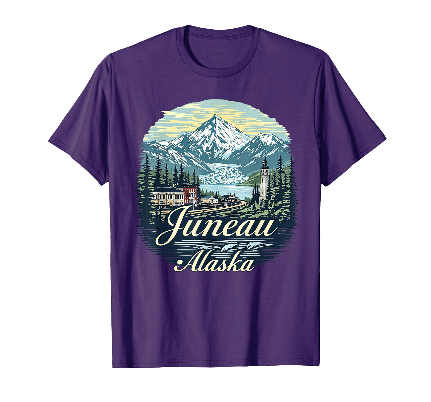Vintage Juneau Alaska Sunset Skyline Mountains Cityscape T-Shirt