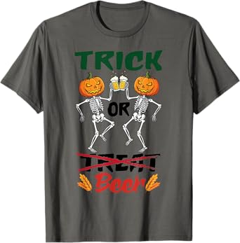 Trick Or Beer Pumpkin Skeletons Dancing Halloween Party Fun T-Shirt