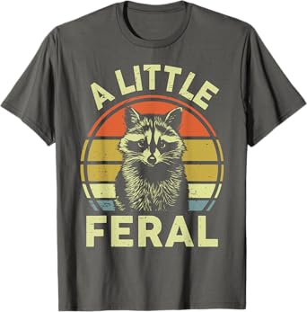 A Little Feral Raccoon Mom Dad Toddler Funny Retro Raccoon-Shirt Unisex-Kids Adults Teens Kids Raccoon Enthusiasts Grey Small Modern Retro Cartoon Graphic-Tee T-Shirt Crew Neck Short Sleeve