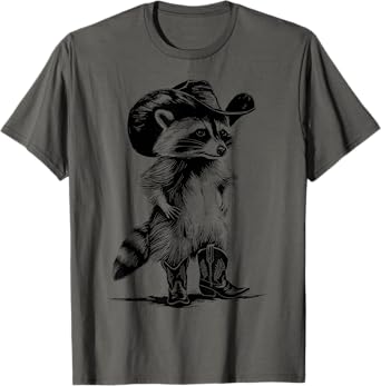 Funny Raccoon Lover Cowboy Cowgirl Western Howdy T-Shirt - Unisex-Adults & Kids - Grey - Small - Short Sleeve - Cotton - Classic Fit - Vintage Modern - Raccoon - Animals - Cartoon - T-Shirt