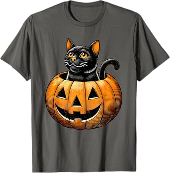Retro Black Cat in Pumpkin Fun Halloween Costume Men Women Kids T-Shirt