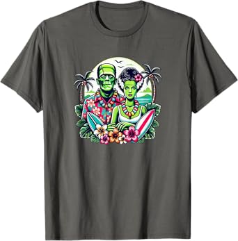 Frankenstein Monster and Bride Tropical Hawaiian Beach T-Shirt for Men Women Girls Kids