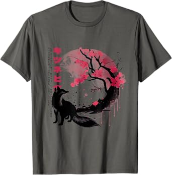 Fox and Cherry Blossom Tree Sakura Japanese Art Graphic T-Shirt