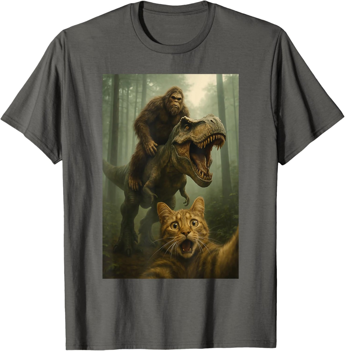 Funny Surprised Scared Cat Selfie T-Rex Dinosaur Bigfoot UFO T-Shirt