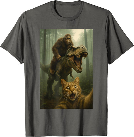 Funny Surprised Scared Cat Selfie T-Rex Dinosaur Bigfoot UFO T-Shirt