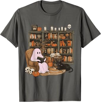 Ghost Reading Book Cat lover Halloween Reading enthusiast Men Women Kids T-Shirt