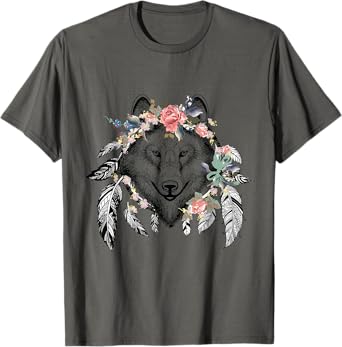 Ethnic Tribal Wolf Head Boho Feather Native American Hippie T-Shirt