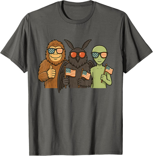Alien And Bigfoot Mothman 4th of July American Flag Cryptid T-Shirt