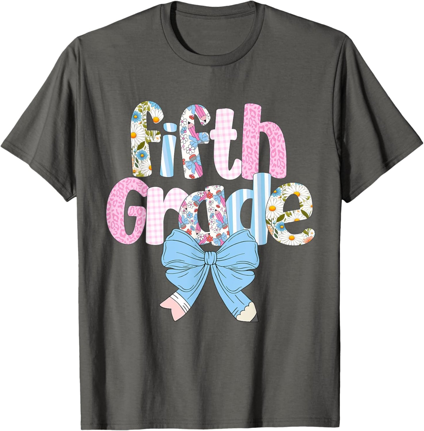 Preppy Fifth Grade Teacher Blue Floral Coquette Pencil Bow T-shirt by TeeBrew