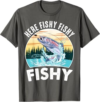 CAT Funny Here-Fishy Trout Fly Fishing-Shirt Unisex-Adults, Unisex-Kids T-Shirt Grey Small