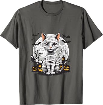 Spooky Cat Mummy Full Moon - Halloween Cat Lovers T-Shirt