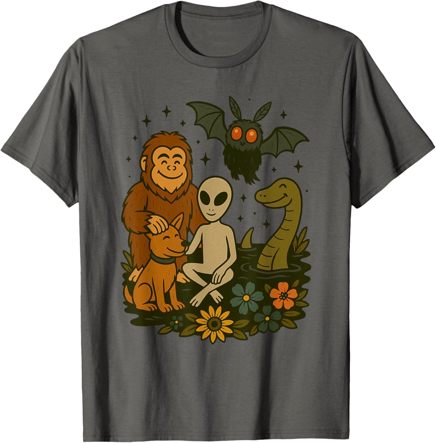 Cute Mothman Alien And Bigfoot Loch Ness Cryptid Floral Art T-Shirt