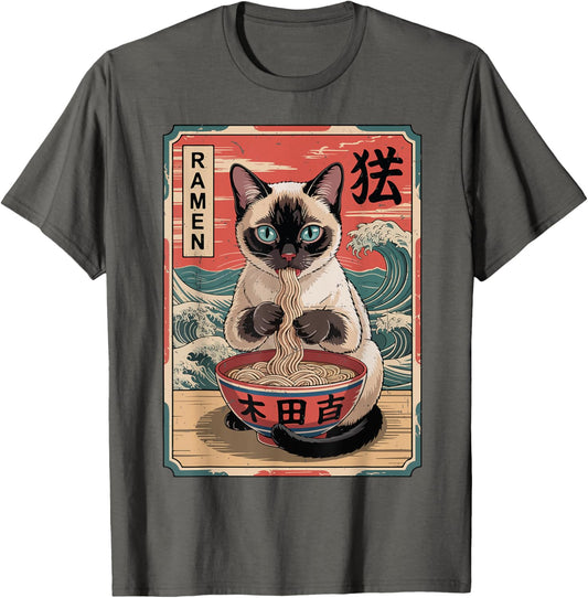 Cat Eating Ramen Kawaii Funny Graphic Tee Japanese Anime T-Shirt