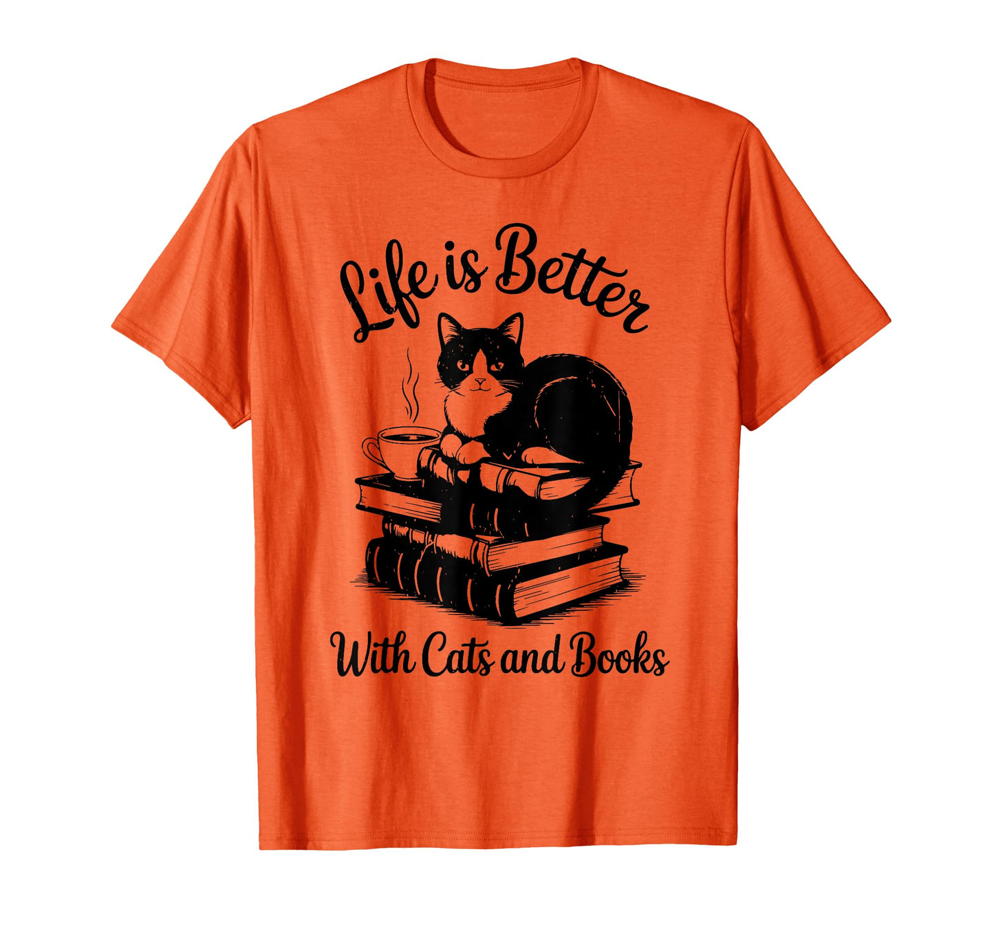 Life is Better with Cats & Books Funny Tuxedo Cat Mom Women T-Shirt