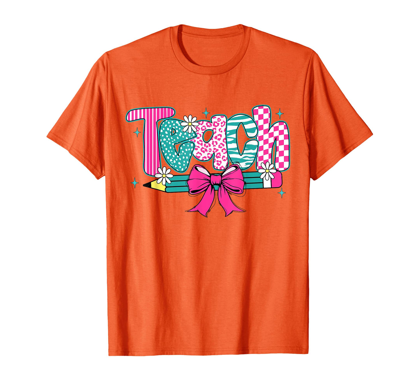Girly Teach Coquette Bow Floral Pencil Teacher Appreciation T-Shirt
