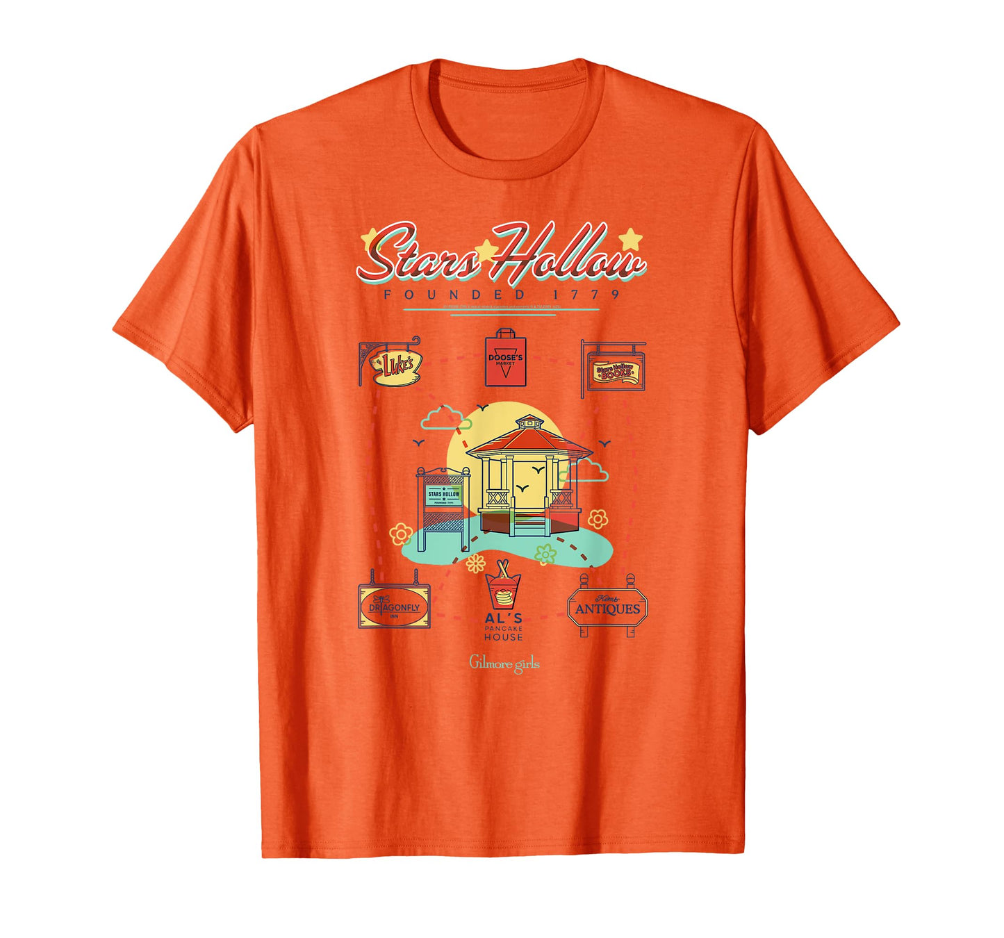 Gilmore Girls Colorful Retro Stars Hollow Map TV Show T-Shirt