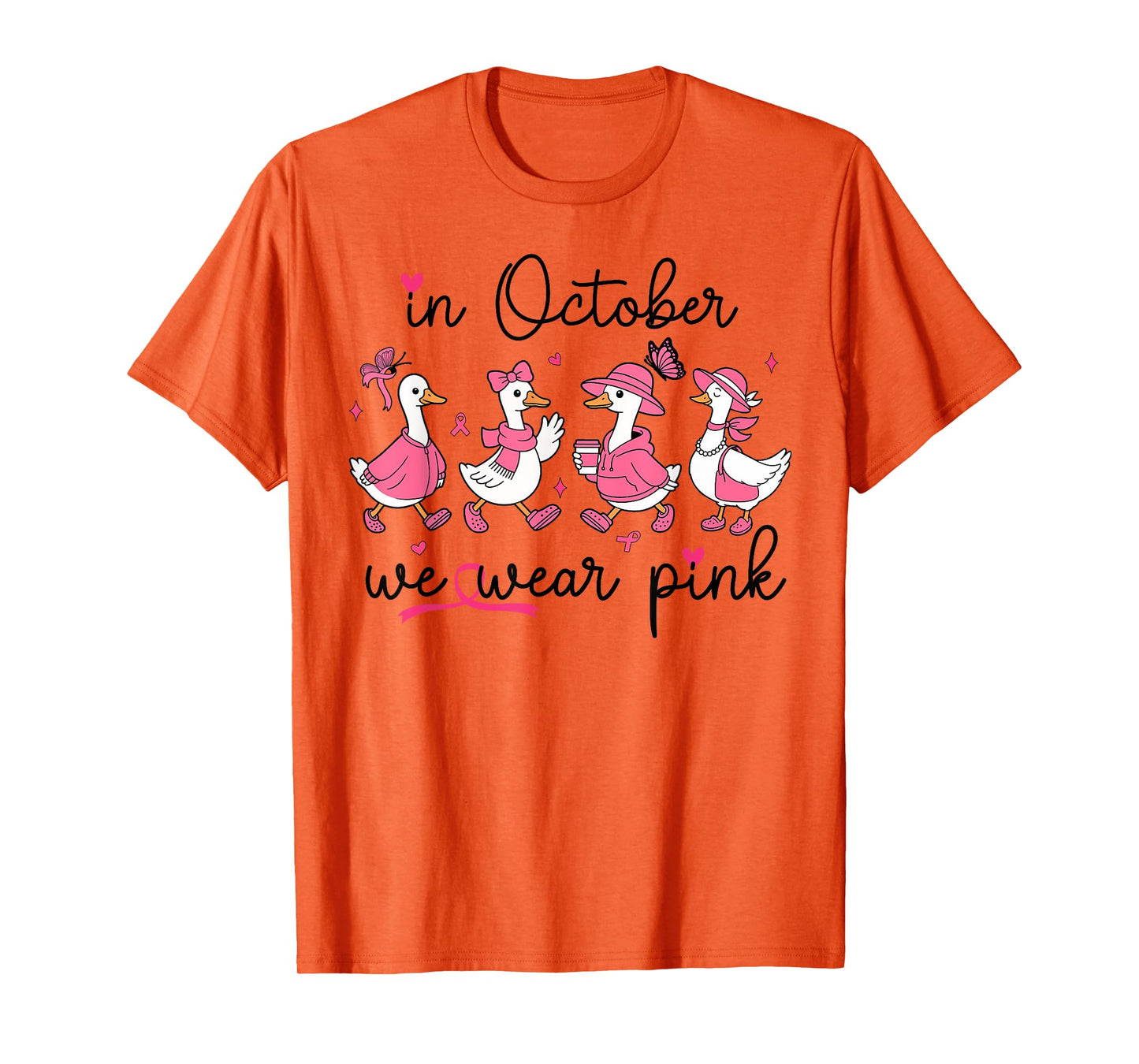 in October We Wear Pink Breast Cancer Awareness Goose Bow T-Shirt