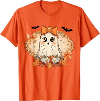 Boo Ghost Halloween Coquette Bow Spooky Season Girls Kids T-Shirt
