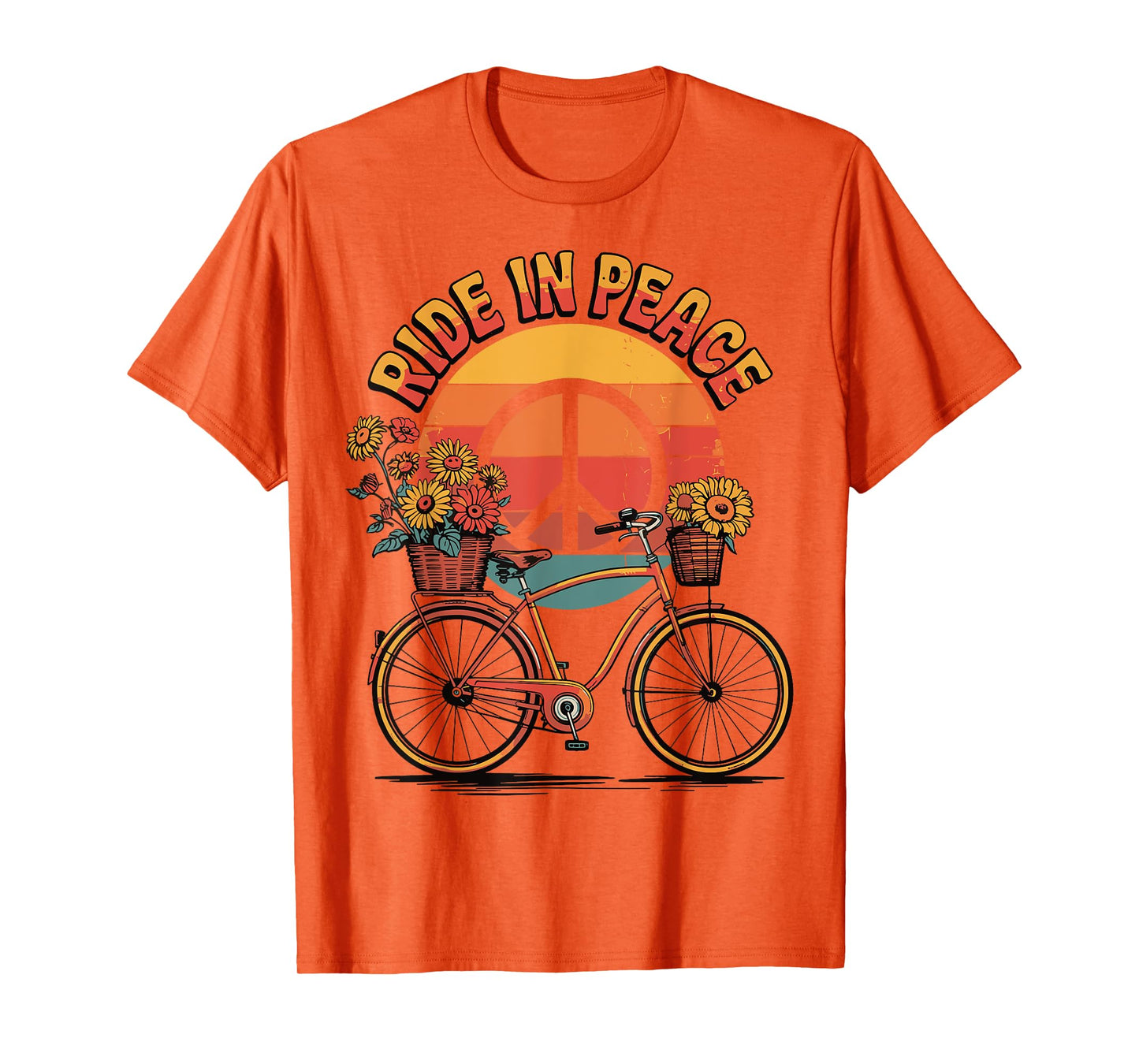 Ride In Peace Bicycle Retro Hippie Floral Sunset T-Shirt