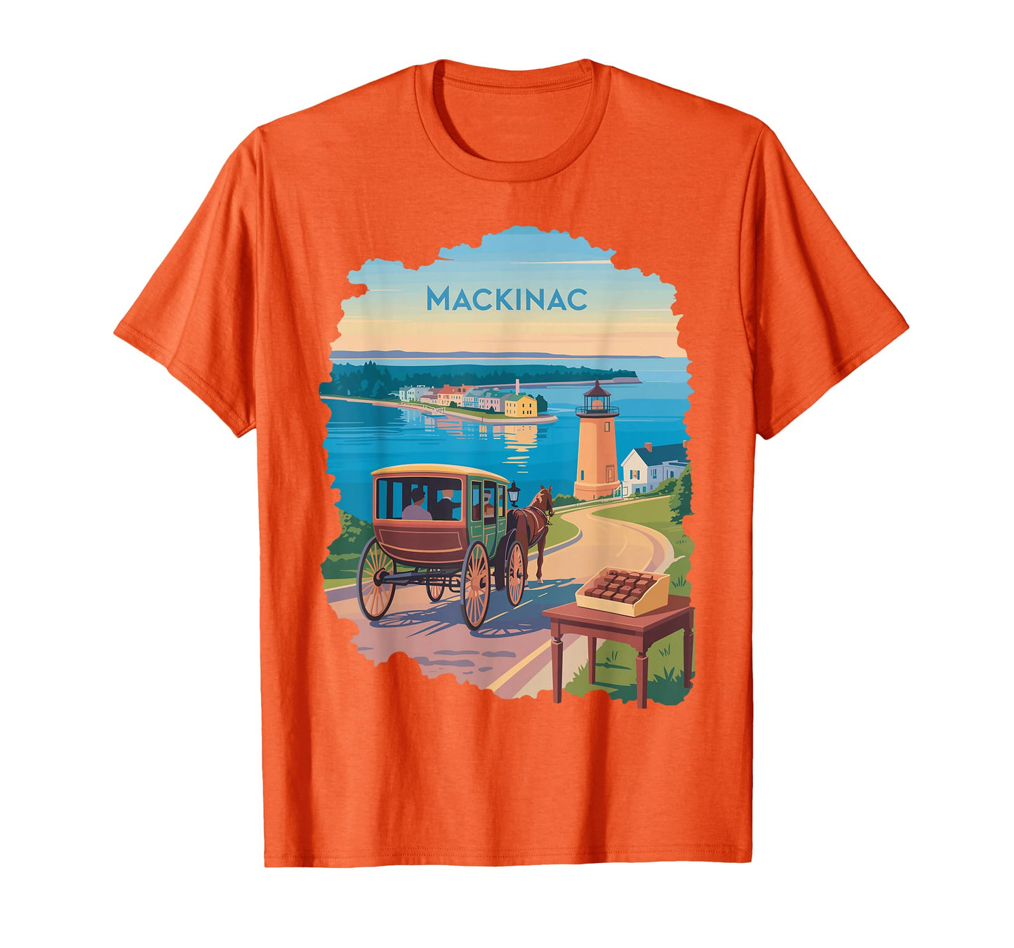Mackinac Island carriage bridge lakeview vintage ferry scene T-Shirt