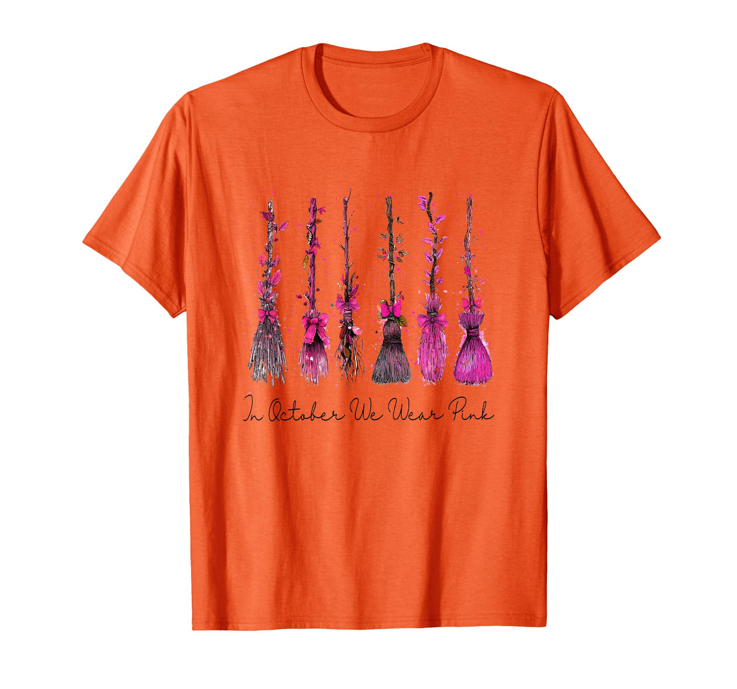 in October We Wear Pink Witches Brooms Spooky Breast Cancer T-Shirt