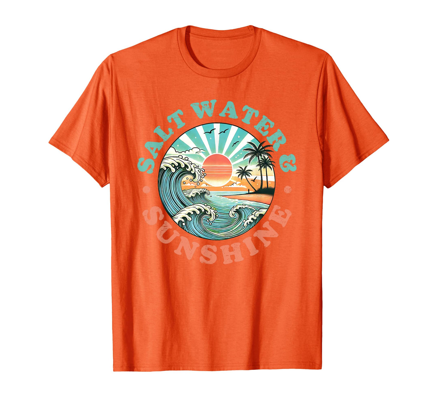 Salt Water and Sunshine Retro Beach Wave Sunset Palm Tree T-Shirt