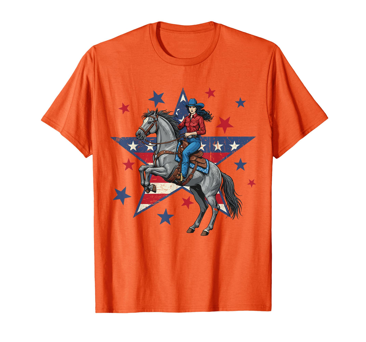 Patriotic American Cowgirl Riding Horse USA Flag 4th of July T-Shirt