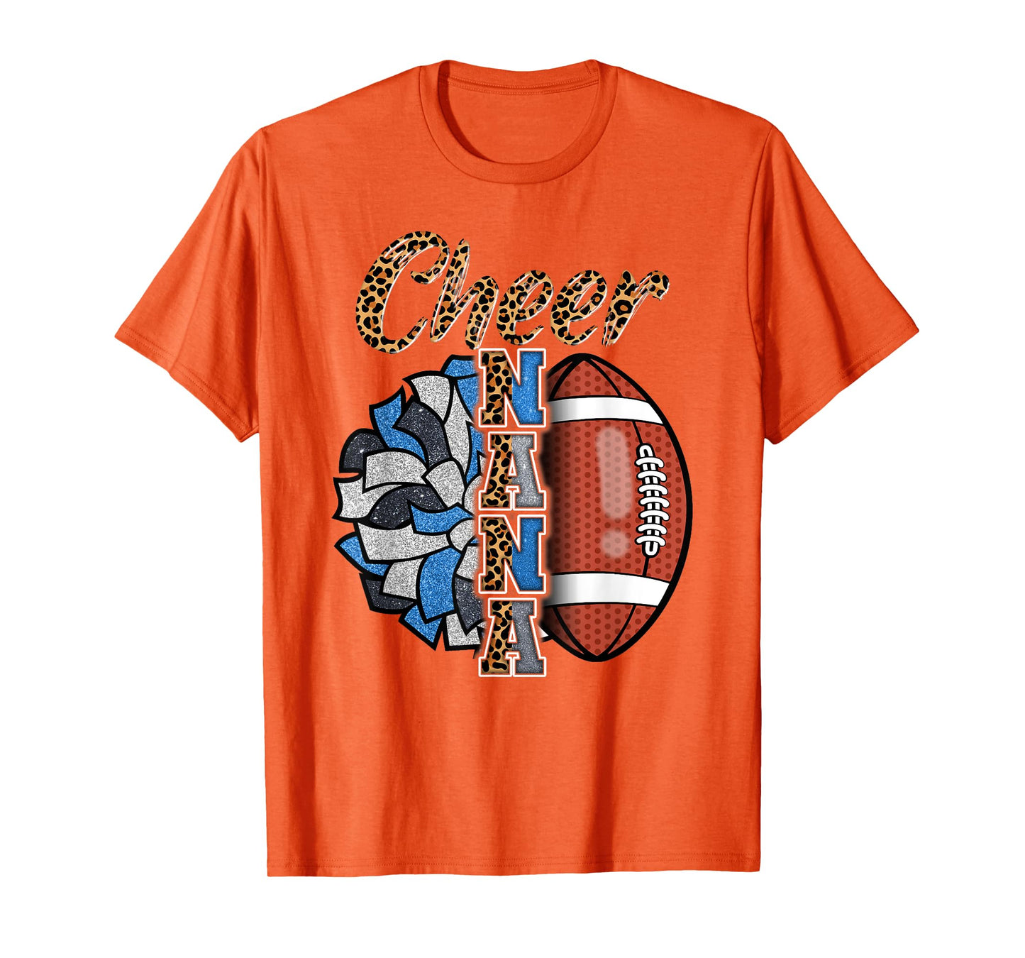 Football Cheer Nana Grandma Blue White Pom Pom Leopard T-Shirt
