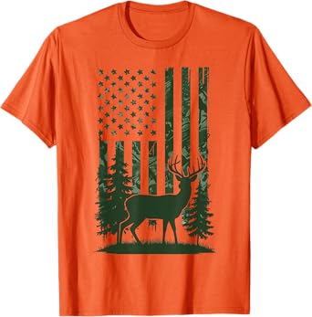 Deer Hunting Camo American Flag Nature Background USA Flag T-Shirt