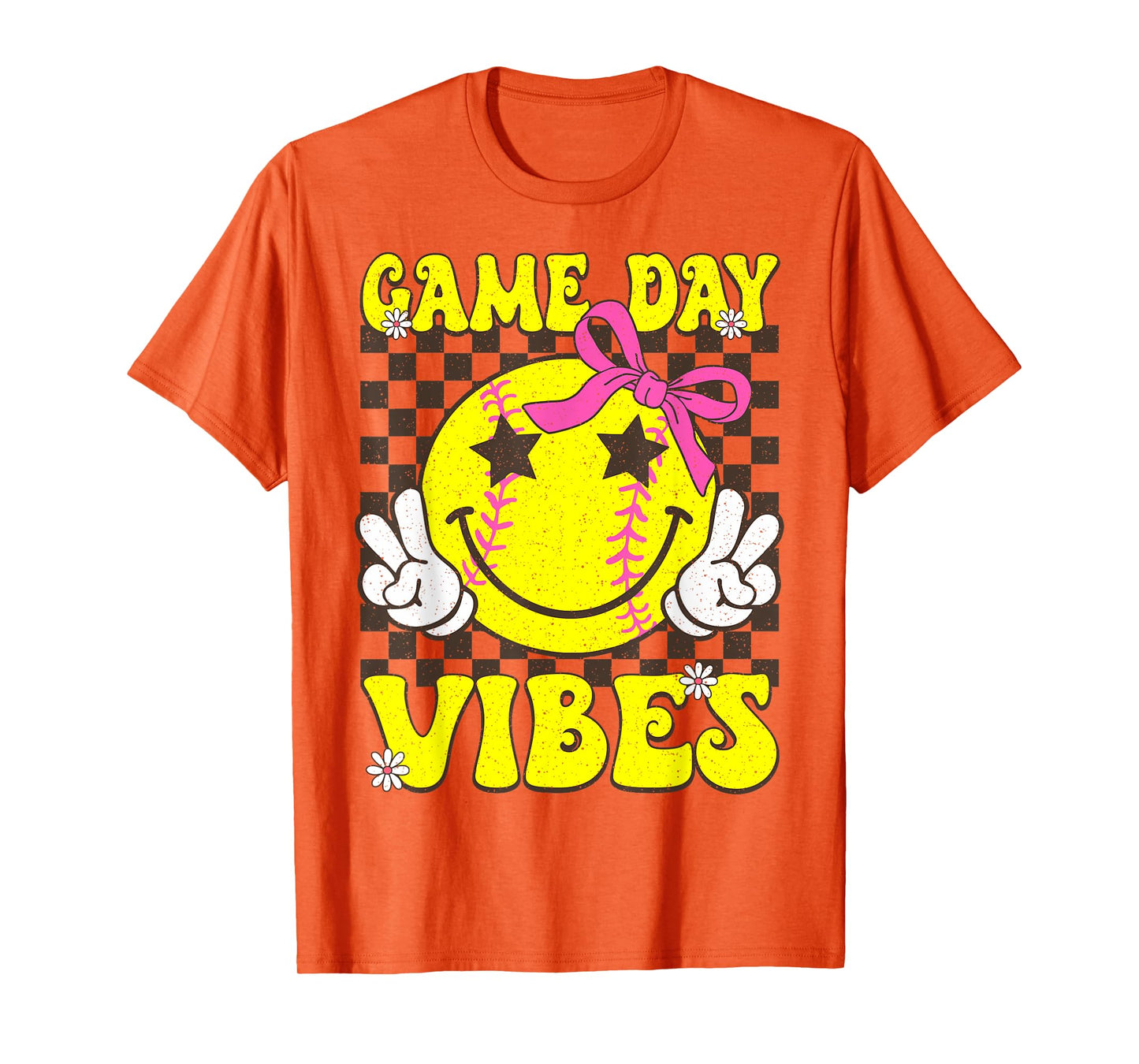 Game Day Vibes Softball Groovy Checkered Smile Girls Women T-Shirt