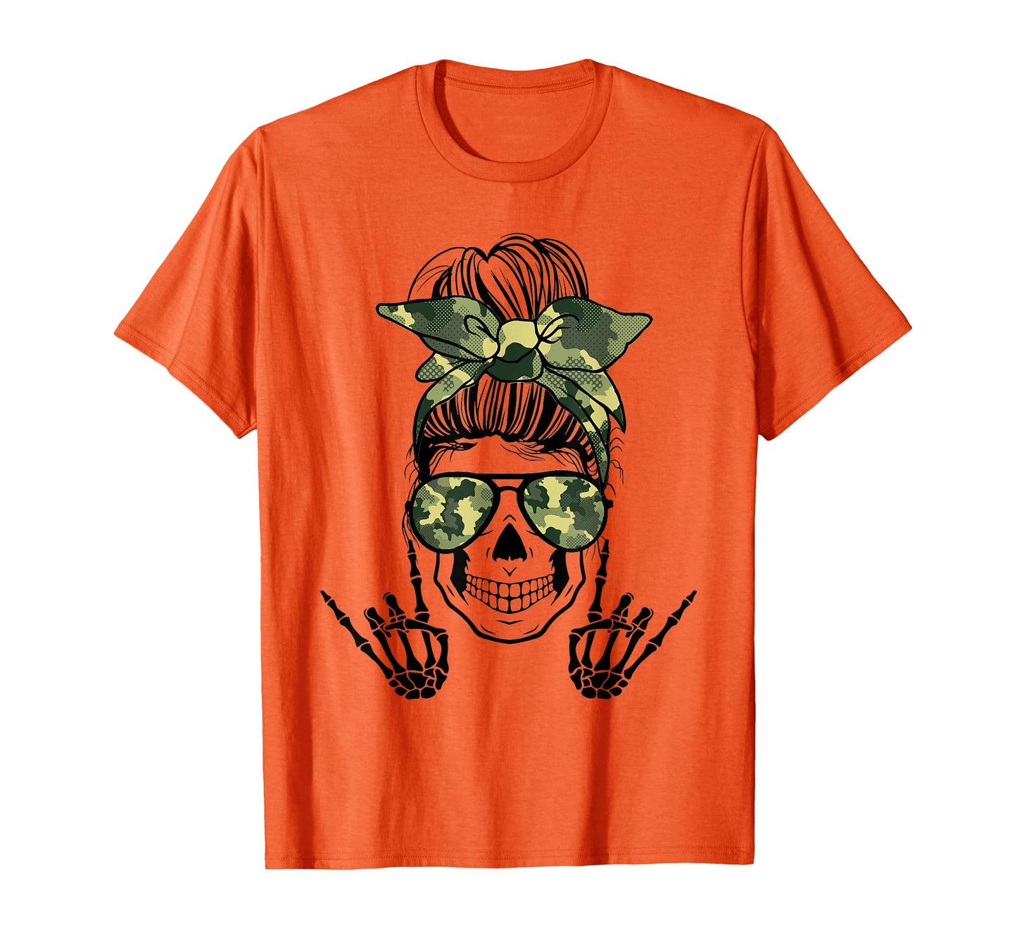 Horror Life Camo Messy Bun Skeleton Haloween Rock N Roll T-Shirt